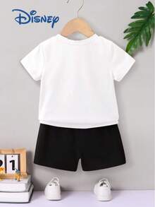 Disney 夏季男婴米奇可爱短袖T恤短裤套装，卡通图案，弹力面料，适合新生儿日常穿着，精美礼物 - 白色 - 查看 2