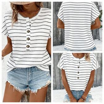 ملابس علوية نسائية بياقة مستديرة وأكمام قصيرة على شكل خفاش، مصنوعة من قماش مخطط منسوج بتقنية جاكارد، ذات قصة منتظمة الطول، متوسطة المطاطية، بقصة مريحة، مناسبة للارتداء اليومي