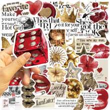 50Pcs Silver Lucky Girl Graffiti Stickers Gold&Red Y2k Stickers Lucky DIY Stickers Scrapbooking Phone Luggage Skateboard Waterproof PVC Decals - Multicolor - View 4
