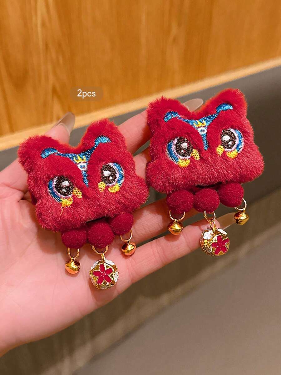 2个中国风舞狮铃铛发夹，适合新年庆祝活动 - 紅色 - 查看 1