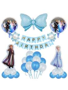 Juego de decoración de cumpleaños de lujo de 38 piezas, globos de papel de aluminio con forma de Anna y Olaf, globos con lazo de lunares, pancarta de feliz cumpleaños, ramo de globos de látex en colores azul y blanco de ensueño - Multicolor - Ver 4