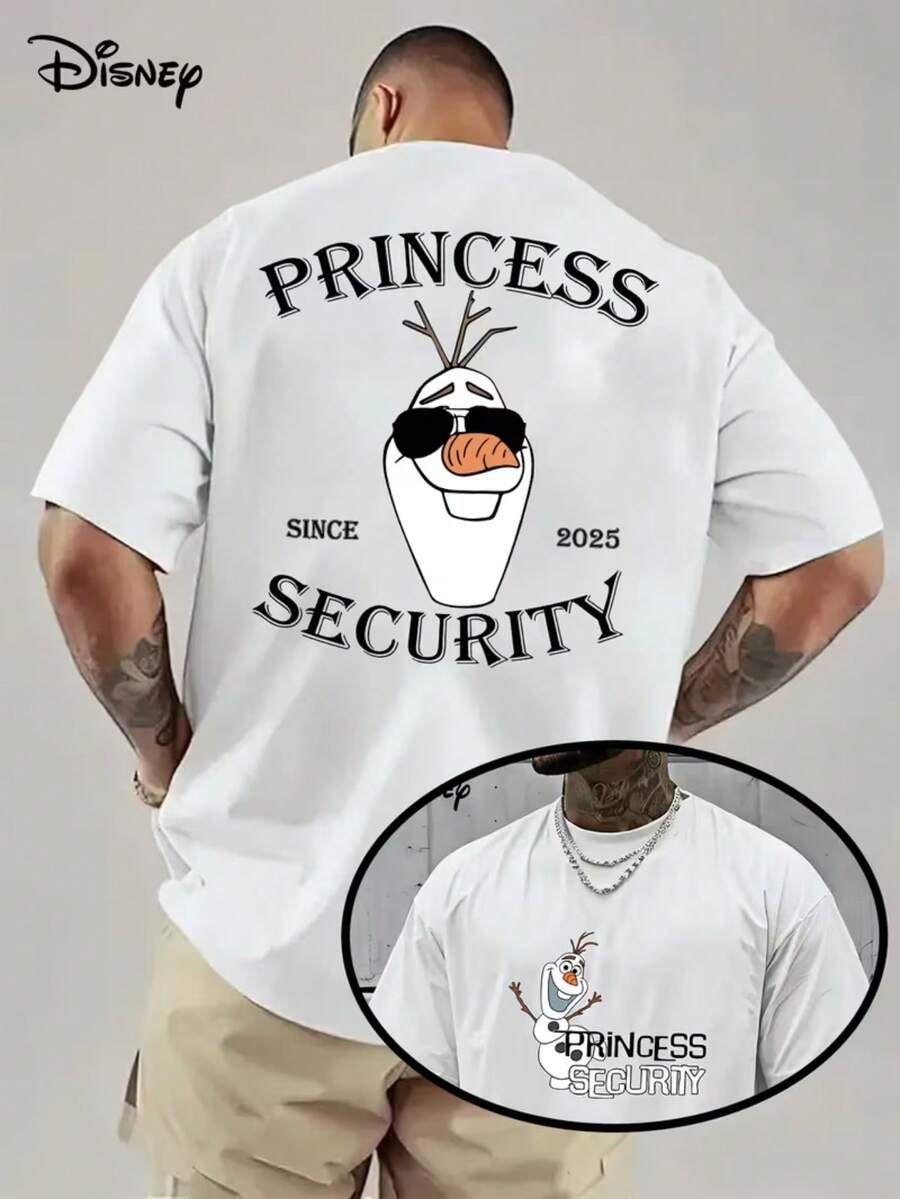 [Disney Frozen Co-Branded] Men's T-Shirt With Round Neck And Short Sleeves! Back Snow Treasure "PRINSSSECURITY" Funny Slogan+Sunglasses Cool Print, Accurately Poke The "Interesting Contrast Wind" Wearing Preference, Loose And Breathable Summer Wear Is Not Stuffy Sweat, Personality  Covers The Meat And Looks Thin. - White - View 1