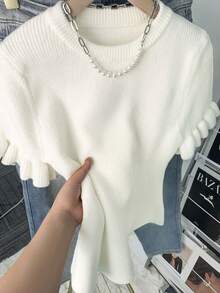 Women's Summer White Short Sleeve Ruffle Knit Top, Casual Elegant, Suitable For Daily Life And Commuting, Women's Casual Wear - White - View 11