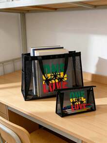 大容量网袋套装，热带棕榈树和“One Love”字母图案印花网袋，镂空网袋沙滩包手提袋，洗漱包，化妆包，网袋化妆品收纳袋，可折叠大容量防水防沙游泳沙滩包，网袋沙滩手提袋 - 彩色 - 查看 4