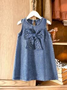 Girls Casual Loose Denim Dress With 3D Beaded Bow, Elegant Solid Color Denim Dress For Little Girls - Dark Wash - View 3