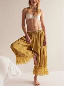 Women Lace Trim Long Bloomers Elastic Mid Rise Ruffle Pantaloons Cropped Flared Slips Pants Loungewear Summer Pettipants Capri Bottoms - 黃色 - 查看 2