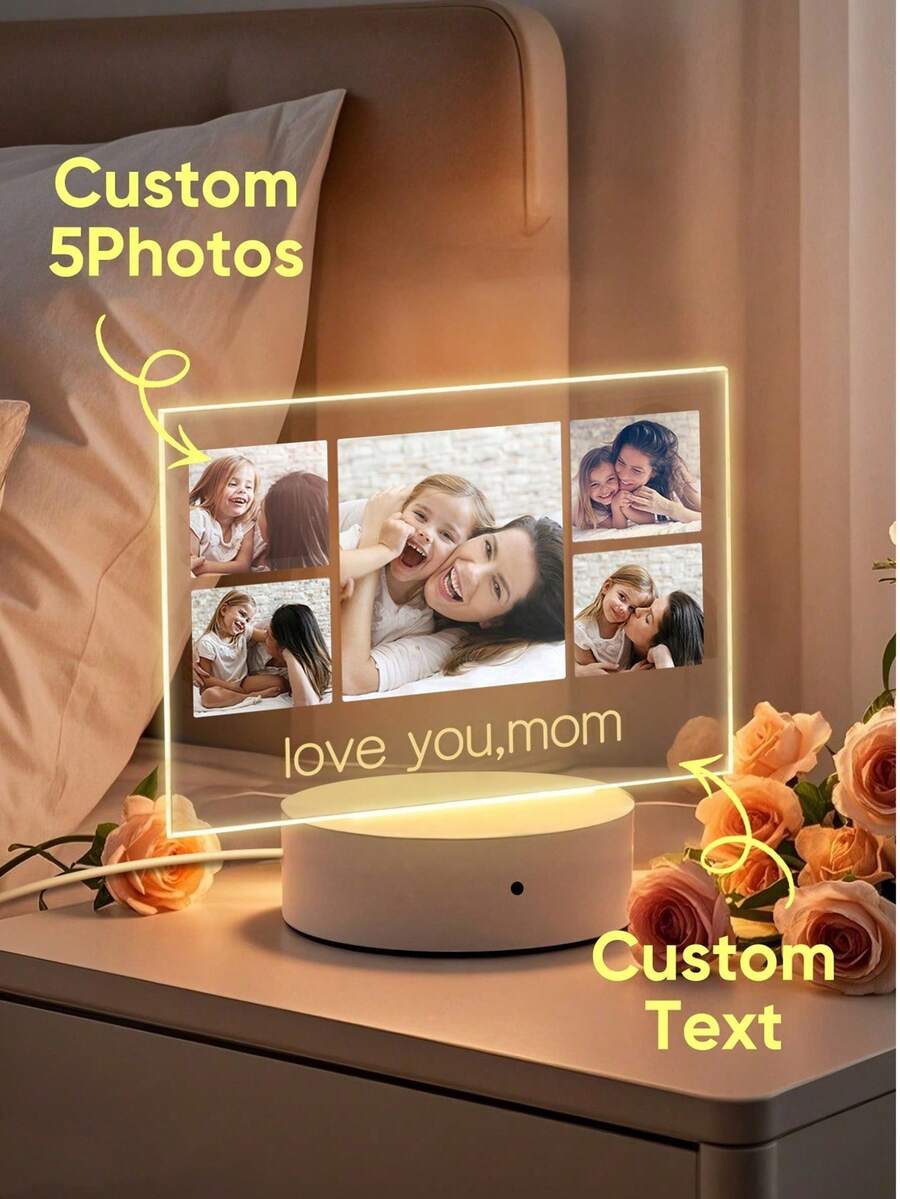1pc Customized Music LED Night Light, Customized LED Music Plaque With Picture And Wooden Base, Personalized Acrylic Plaque With Song, Customized Picture & Song Light, Music Photo Plaque Gift, Illuminated Music Plaque, Valentine's Day Gift, Couple Gift, Wedding Anniversary Gift, Housewarming Gift, Gift For Boyfriend/Her/Wife/Husband - Family 5 Pictures - View 1