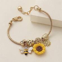 1件夏季时尚百搭乡村风人造水晶蜜蜂向日葵捕梦网DIY串珠可调节铜手链，适合度假、送礼、派对、夜店、宴会、日常佩戴 - 彩色 - 查看 4