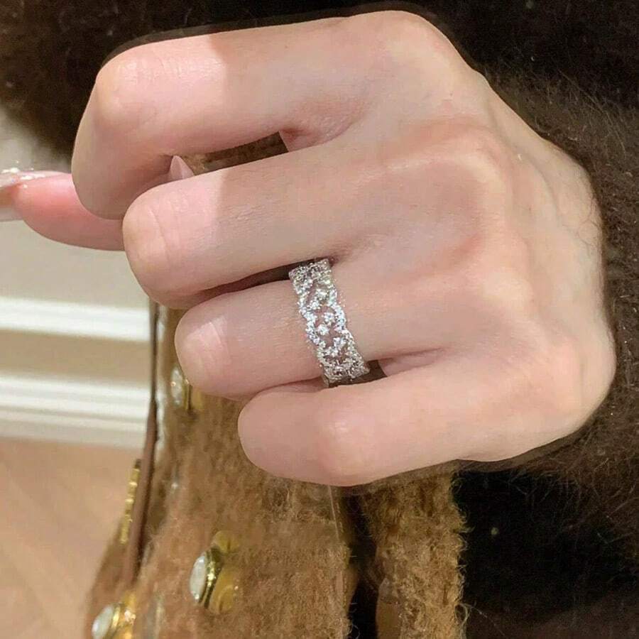 2件套闪亮蕾丝饰边铜质微镶嵌立方氧化锆壁龛设计派对/聚会/节日礼物优雅女士戒指套装 - 銀色 - 查看 1