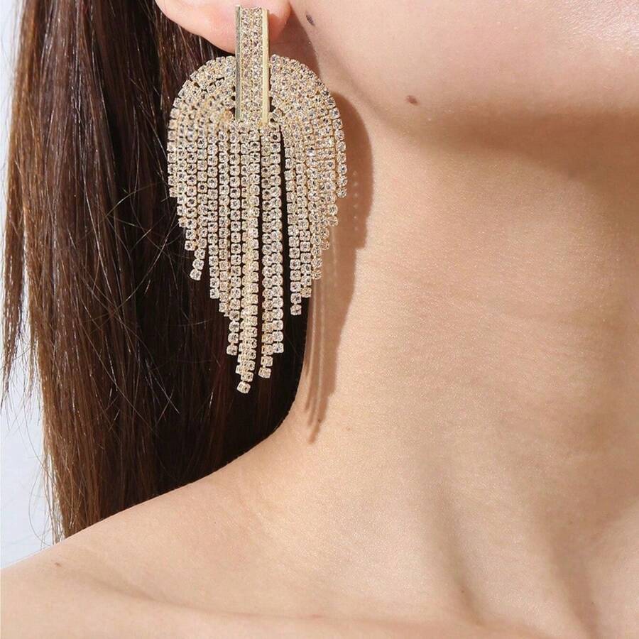 1 Pair Rhinestone Encrusted Claw Chain Earrings, New Fashionable & Minimalist Design - Yellow Gold - View 1