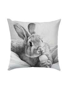 4pcs Sketch Cute Rabbit Printed Pillow Covers | 17.7x17.7in, Polyester, Machine Washable, Zipper Closure, Suitable For Living Room And Bedroom Decor - Black and White - View 11