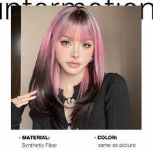 [Popular Choice] 20-Inch Long Straight Pink Gradient Black Wig With Bangs, Synthetic Women's Hair For Daily Use, Parties, Cosplay, Music Festivals, Halloween, And Christmas - Ombre - View 5
