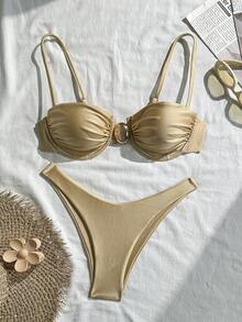 Women's Solid Color Elegant Sexy Cup Detail Metal Decor Vacation Beach Bikini Set - Champagne - View 1