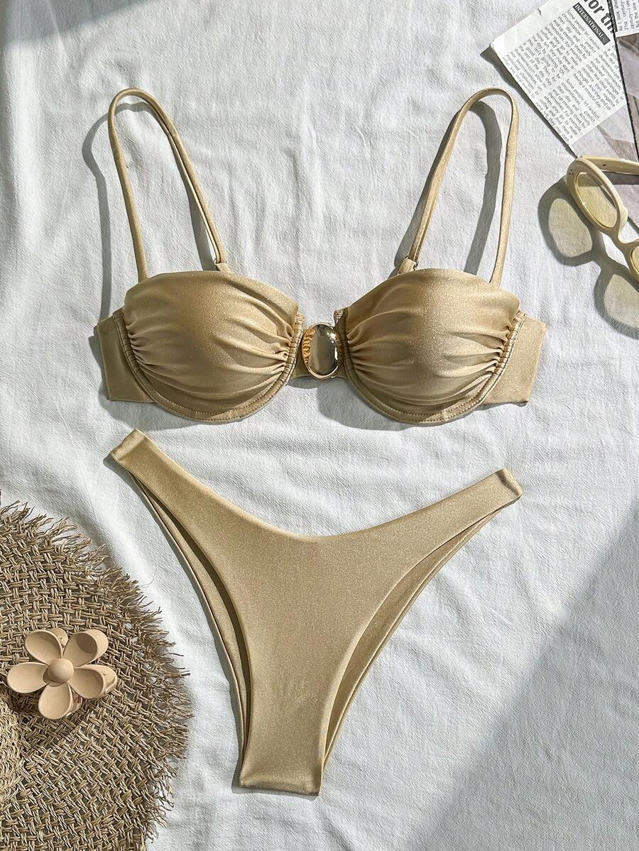 Women's Solid Color Elegant Sexy Cup Detail Metal Decor Vacation Beach Bikini Set - Champagne - View 1