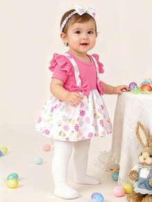 2件套女婴复活节糖果印花长袖连体衣连衣裙，配蝴蝶结发带，婴儿节日派对服装 - 彩色 - 查看 1