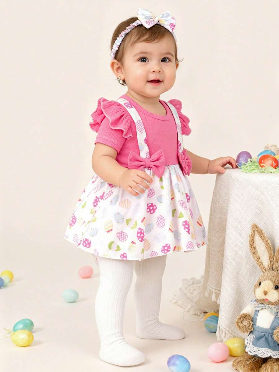 2件套女婴复活节糖果印花长袖连体衣连衣裙，配蝴蝶结发带，婴儿节日派对服装 - 彩色 - 查看 1