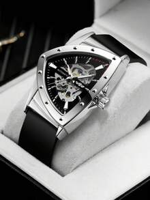 T-WINNER 1pc Fashionable Sports Mechanical Men's Watch, Luminous Pointer, Rubber Strap, Business Casual Automatic Mechanical Watch, Gift Box - Silver - View 3