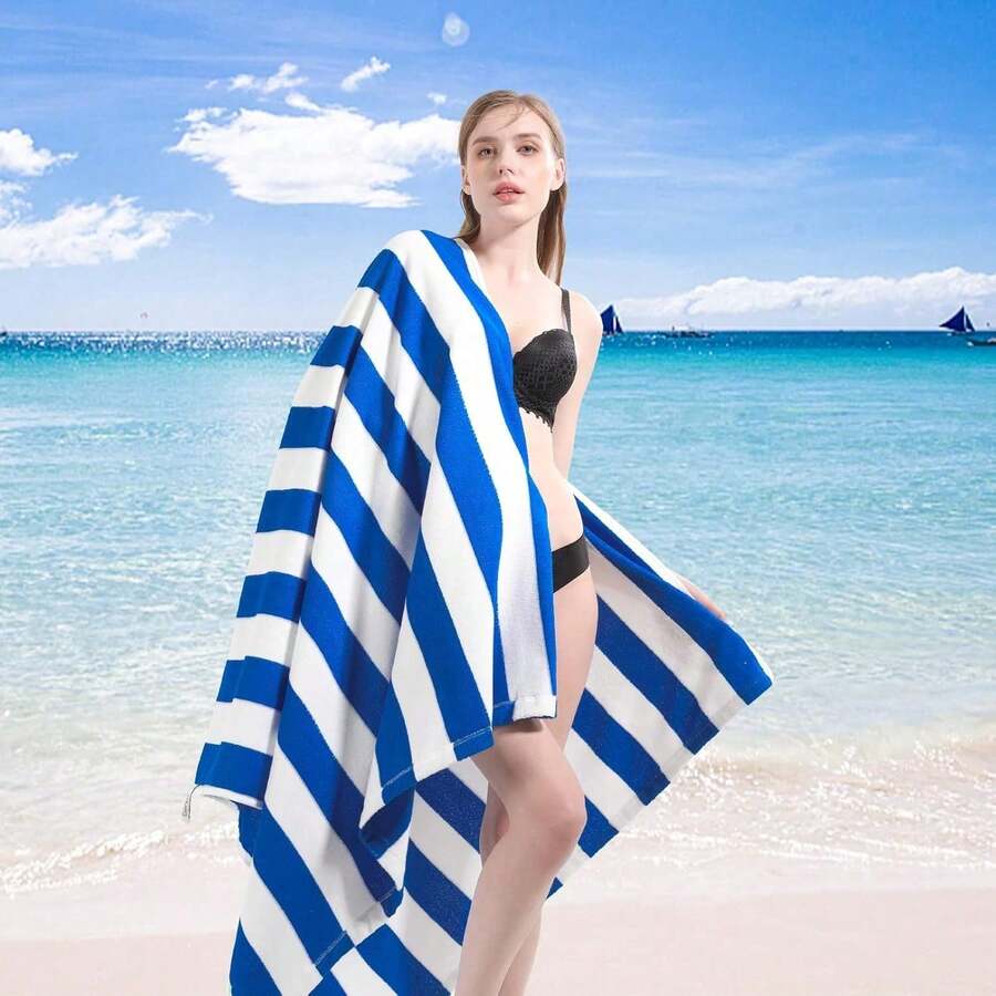 1Pc 29x58 Inch Oversized Stripe Beach Towel , Made With Polyester Cotton Bath Towel, Extra Large Accessories Essentials Soft For Travel Pool Bath Swim Camping Towels Men Women Adults Gift - Pink Stripe - 查看 1