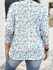 Women's Blue Ditsy Floral Print Long Sleeve Top - Cream Casual Comfortable Pullover Blouse - 彩色 - 查看 2