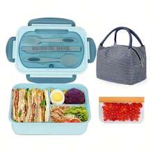 A Complete Set Of Lunch Box, Including Utensils And Bag, Insulated Including Lunch Box+Cutlery+Insulated Bag+Snack Bag+Rice Spoon, 1200ml Large Capacity For Office And School Use - Màu xanh lam - Xem 2