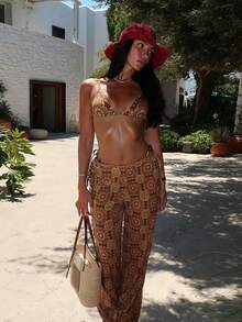 2026春夏新款女士复古棕色碎花三件套泳衣，带颈带，性感沙滩度假泳装 - 彩色 - 查看 2
