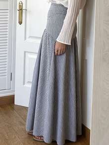 女士时尚休闲复古简约浪漫条纹半身裙 - 藍白色 - 查看 4