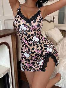 SANRIO 1pc Hello Kitty Lace Patchwork Side Slit Sexy Casual Cute Simple Style Women Dress - Multicolor - View 4