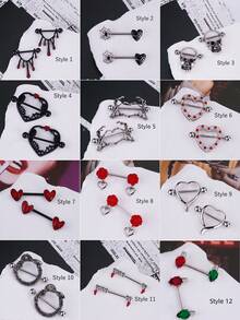 两件套性感哥特朋克血滴乳环，316L不锈钢材质，款式包括蜘蛛网、骷髅心形、花朵、蛇形乳环、笑脸杠铃乳环、骨头手形乳环，穿刺饰品，适合女性和女孩佩戴，可用于约会、派对、万圣节、日常佩戴、情人节、母亲节等场合，也是送给妈妈的礼物。 - 彩色 - 查看 5