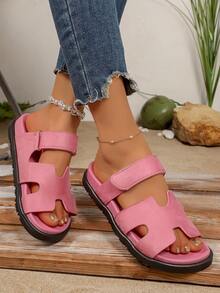 Zapatillas cómodas de mujer con punta abierta, suela plana y gruesa, básicas para uso diario, zapatos de vacaciones, zapatos casuales, zapatos de playa, material de PU/cuero artificial - Rosa - Ver 5