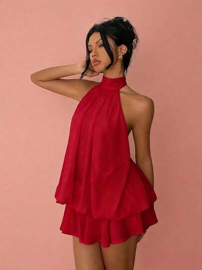 Moda Calle Primavera Verano 2026 mujer, Vestido de Fiesta, Vestido de Playa, Vestido de Té, Vestido de Gasa con Cuello Halter y Falda Corta