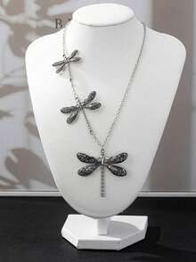 1件复古不对称蜻蜓吊坠项链，时尚珠宝配饰，女士礼物 - 銀色 - 查看 5