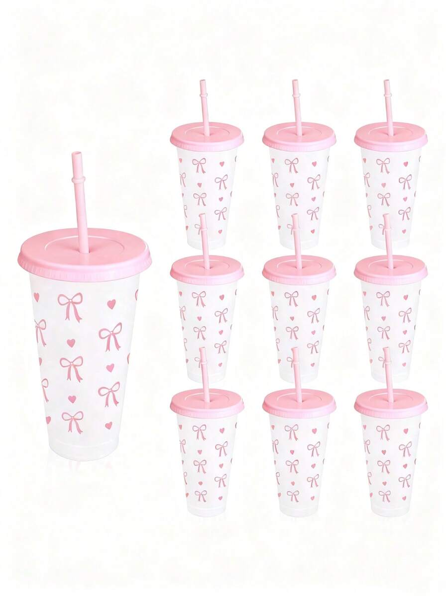 1pc/5pcs/10pcs 24oz Powder Blue Bow Tumbler With Lid And Straw, Reusable, Cute Transparent Cup, Suitable For Birthday, Wedding And Party Supplies, Reusable With Pink Ribbon, Summer Beverage Cup, Suitable For Birthday, Wedding And Party Supplies, Perfect For Party, Drinking, Coffee, Also Suitable For Mother's Day, Wedding, Birthday, Bachelorette Party Or As A Gift