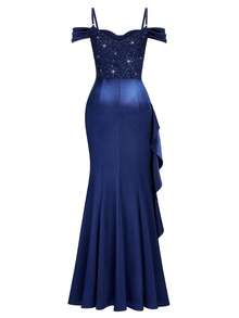 MIUSOL Sequin Floral Lace Off Shoulder Ruffle Trim Split Thigh Satin Evening Party Long Dress, Elegant Women Dress, For Wedding Guest, Graduation, Dinner - 藏蓝色 - 查看 8