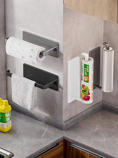 1pc Kitchen Paper Towel Holder, No Drilling Required, Cabinet Roll Paper Organizer, Kitchen Cling Wrap Rack, Dishcloth Rod, Hanging Rack, Dishcloth Rack, Carbon Steel Bathroom Kitchen Towel Rack