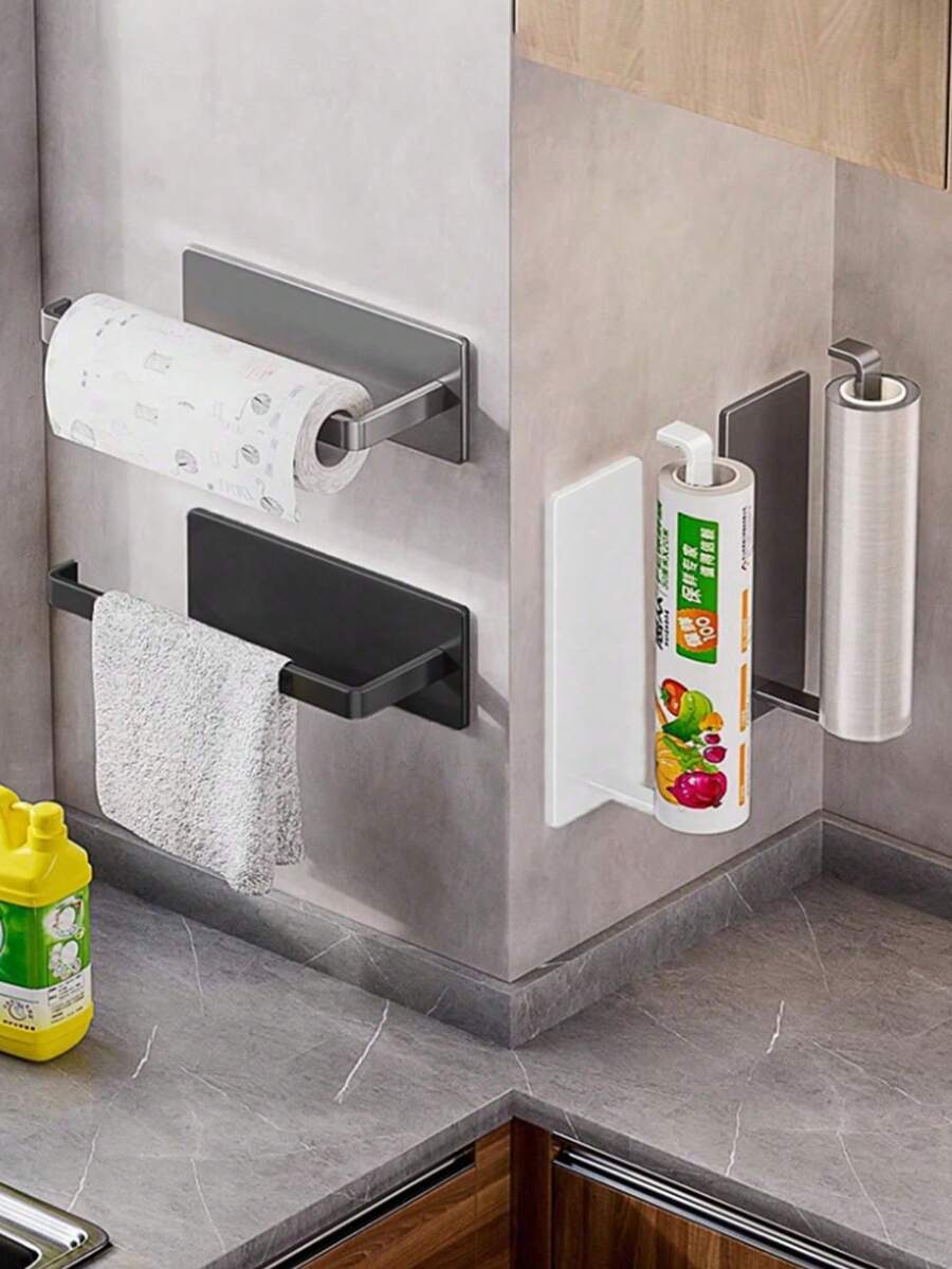 1个厨房纸巾架，无需钻孔，橱柜卷纸收纳架，厨房保鲜膜架，抹布杆，悬挂式置物架，碳钢浴室厨房毛巾架 - 彩色 - 查看 1