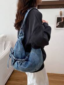 High-Quality Plaid Drawstring Dumpling Bag, Multifunctional Daily Commute Shoulder Crossbody Bag, Fashionable & Distinctive Design - Blue - View 4