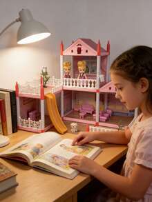 DIY Villa Dollhouse Playset: Assembled Castle With Terraces, Furniture & Accessories - Educational Puzzle Kit For Imaginative Play & Early Development, Perfect Children's Day Best Gift For Boys & Girls - 粉色 - 查看 5