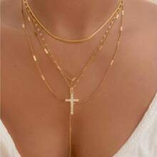4pcs Fashionable Cross Design Women Necklace Set, Rhinestone Pendant Snake Chain Combination, European & American Ins Style Sexy Clavicle Chain, Versatile For Daily And Party Wear - Multicolor - View 8