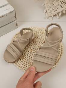 1 Pair Retro Girls' Open Toe Sandals, New Summer Fashion Breathable Slip-On Beach Shoes, Soft Non-Slip Sole - Grey - View 13