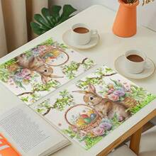 1/4/6 Piezas Manteles individuales con diseño de huevo y conejo de Pascua, manteles de lino con estampado de huevo y conejo, protector de mantel lavable, ideal para decoración de fiestas, cocina y reuniones familiares - Multicolor - Ver 4