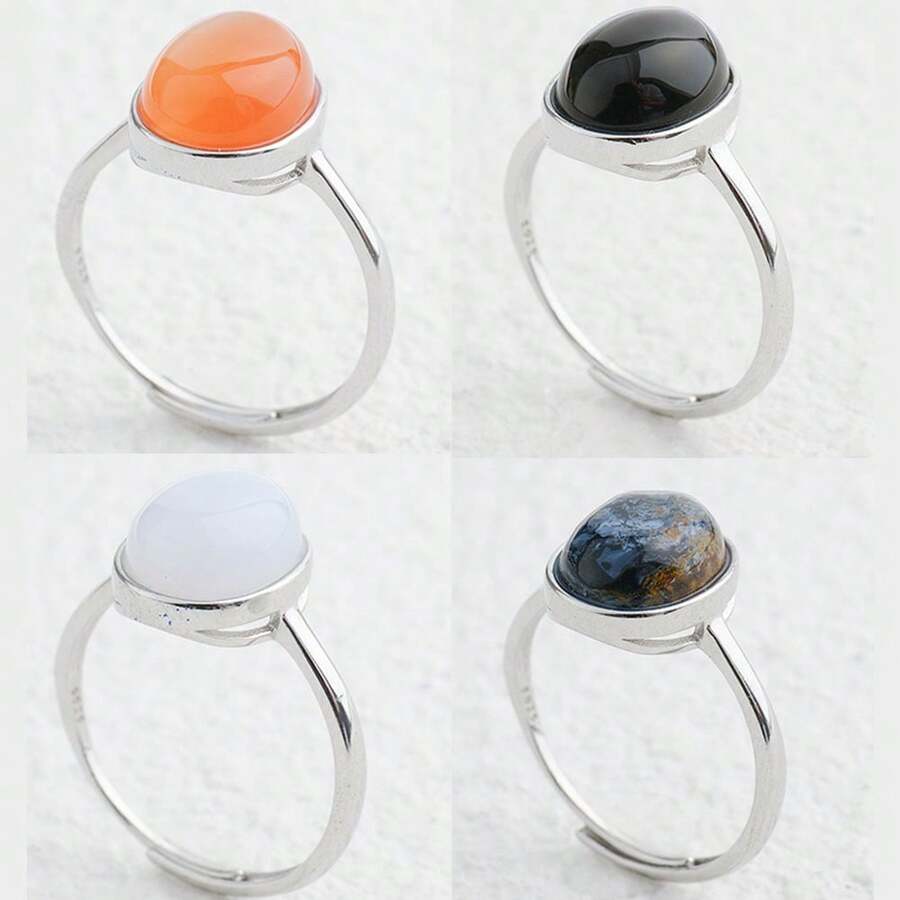 Adjustable S925 Silver Ring Inlaid With Natural 8*10mm Agate/Bloodstone, Minimalist & Elegant Unisex Ring, Couple Accessory Jewelry, Birthday Gift - Silver - View 1