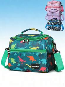 1pc Dinosaur Themed Insulated Lunch Bag, Unisex, Cute Insulated Lunch Box Set With Handle And Detachable Shoulder Strap, Reusable, Insulated Lunch Bag Set With Detachable Shoulder Strap - Multicolor - View 3