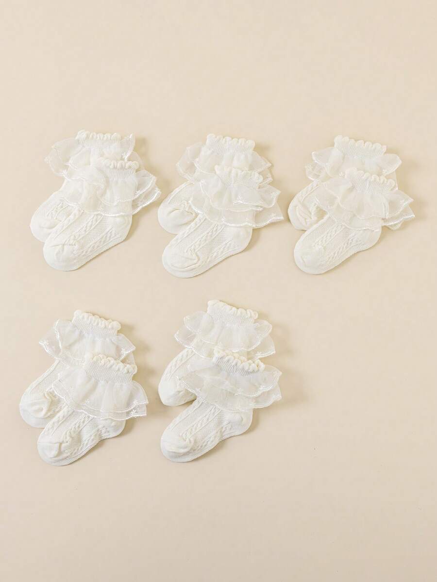 Conjunto de 5 pares de meias infantis, meias de princesa com babados na borda, em cores sólidas, macias e respiráveis, em malha respirável e agradável à pele. Meias de princesa versáteis, confortáveis e estilosas, perfeitas para presente de aniversário, apresentações de dança, uso diário, Dia dos Namorados e looks para a faculdade. - Bege - Ver 1