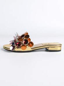 Women's Shiny Gold Sequin Cluster Floral 2cm Low Wedge Slide Sandals, Summer Holiday Party Boho Style Slippers - Gold - View 6
