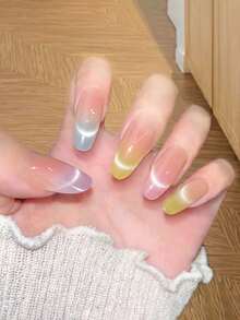 10Pcs Macaron Gradient Press On Nails, Stiletto Fake Nails, Iridescent Glitter, Sweet Fresh Style, Perfect For Daily Casual & Brunch Looks, Easy To Apply - Multicolor - View 2