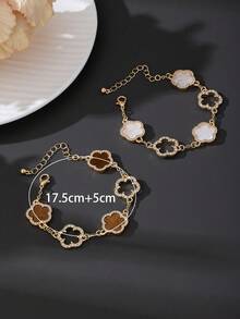2pcs Luxurious High-End Clover Rhinestone Embellished Brown & White Bracelet Set For Women, Stackable/Versatile - Multicolor - View 5