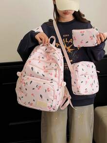 Set de 3 piezas de estilo escolar casual con estampado de cereza, que incluye mochila, bolso bandolera y estuche para lápices, con compartimento para portátil, correas ajustables, mochila de gran capacidad y múltiples bolsillos para uso escolar/diario/vacaciones/viajes/vuelta al cole, adecuado para mujeres/niñas/adolescentes/estudiantes universitarios/graduados - Rosa - Ver 4