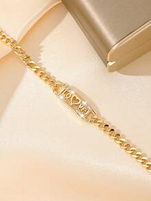 1条铜镶嵌锆石优雅可爱LOVE儿童手链，适合女孩/男孩/家人/朋友，多功能，奢华，适合派对、宴会、节日、圣诞节、感恩节、万圣节等场合，可作礼物 - 金黃色 - 查看 3