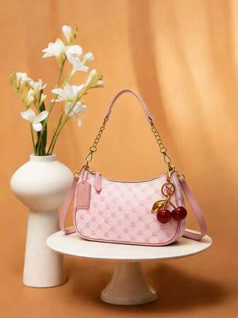 New Fashion Classic Pink Star Style Versatile PU Waterproof Material Letter Decor Design, Solid Color Crescent Shoulder Bag, Chain Shoulder Underarm Bag, Cherry Pendant Decor Women Wallet, Elegant Business Commute Bag, Lightweight, Ample Storage Space, Suitable For Shopping, Gatherings And Other Occasions, Can Be Worn Crossbody. , Pink