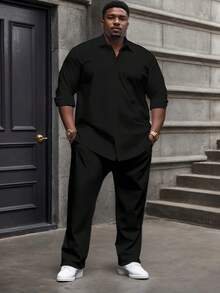 2pcs Plus Size Men's Casual Loose Knit Shirt Set, Comfortable Outfit For Daily Wear - Black - View 5